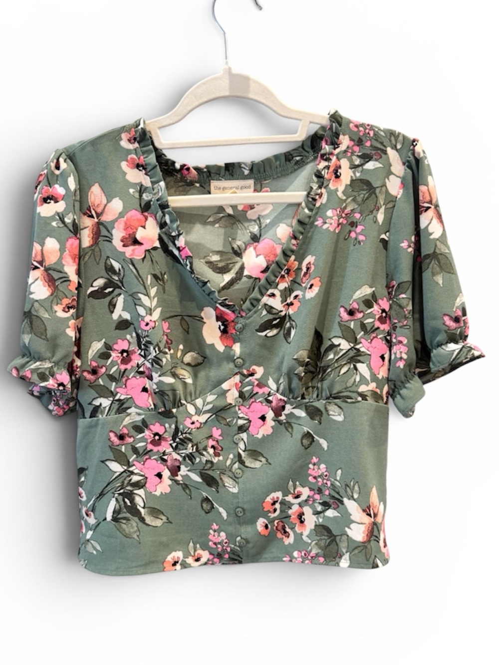 NWOT The General Public Sage Green Floral V-Neck Puff Sleeve Blouse